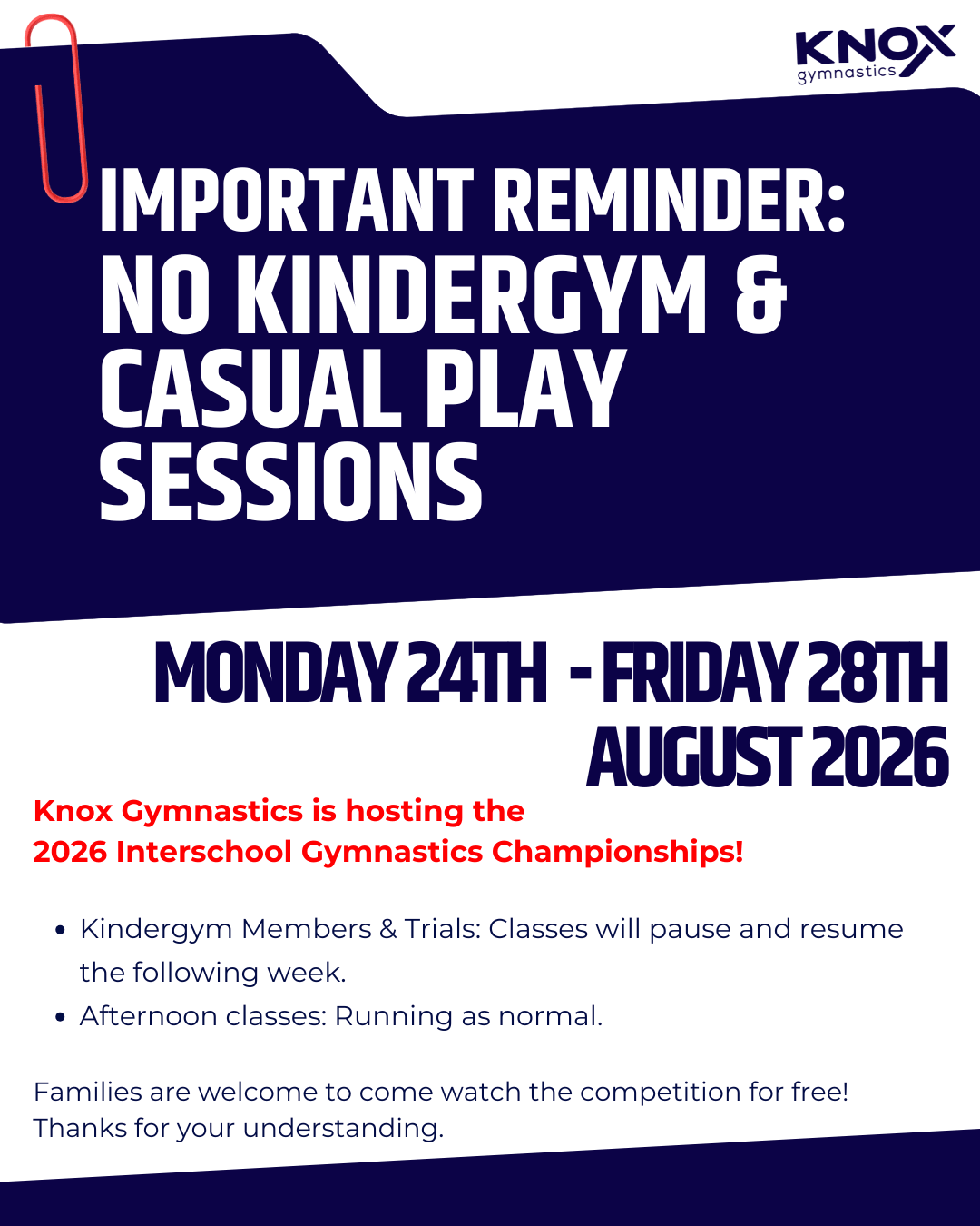 No Kindergym or Casual play notice